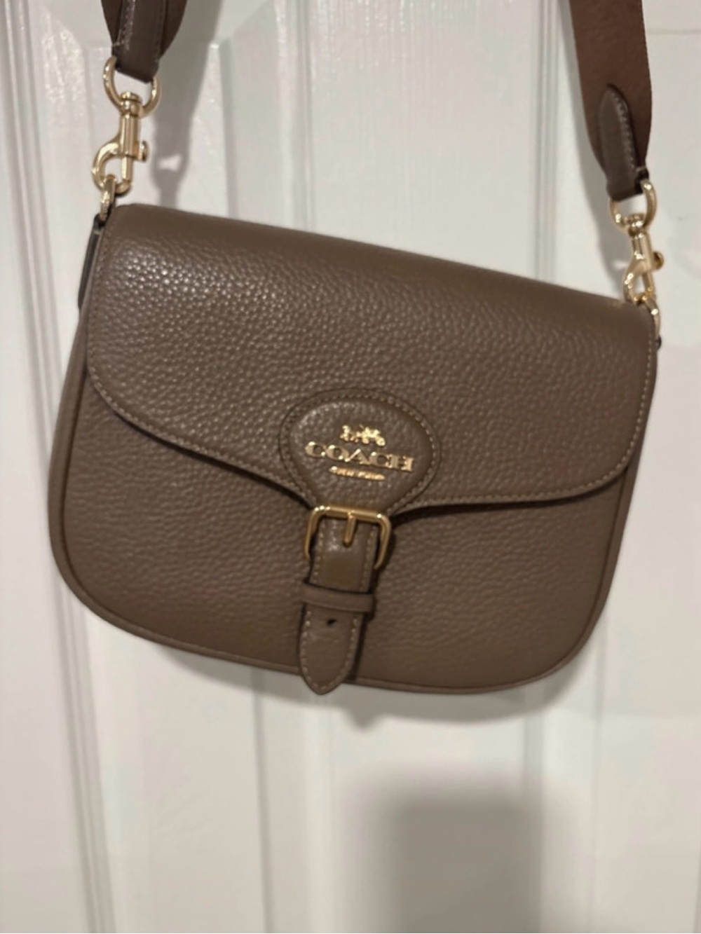 Coach Taupe Pebbled Leather Crossbody Saddle Bag with Gold Hardware